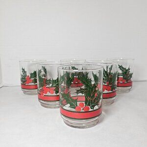 Holly and Berries "4" Inch Double Old Fashioned Glass Set of 6 by Libbey Glass
